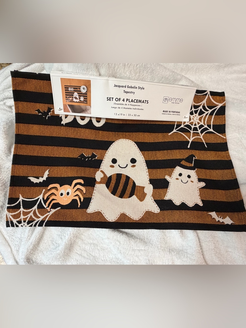 Emme Tapestry 4 Placemats BOO HALLOWEEN  Jacquard Gobelin Style NWT